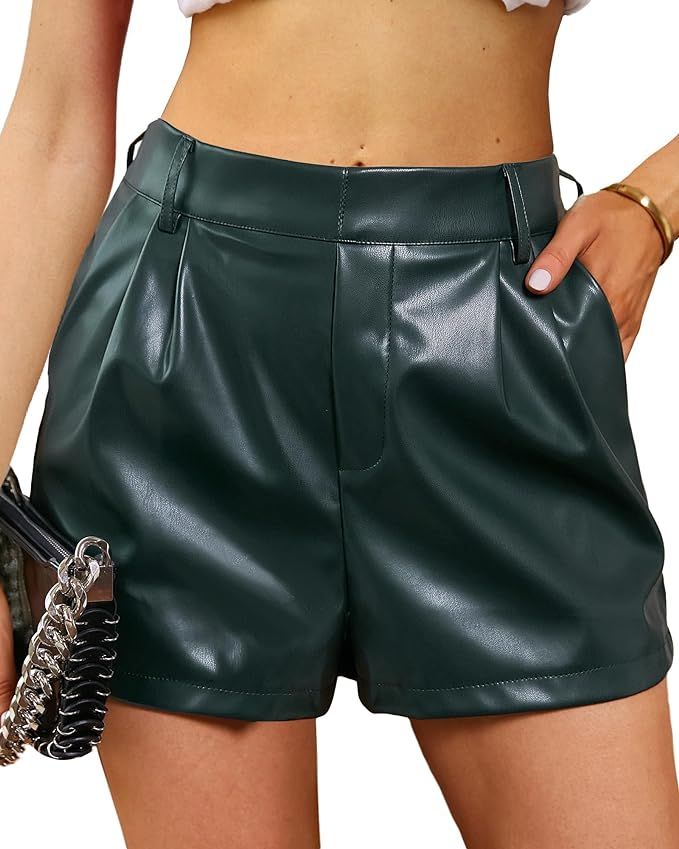 luvamia Faux Leather Shorts for Women High Waist Pleated Wide Leg Stretchy Shorts with Pockets Sh... | Amazon (US)