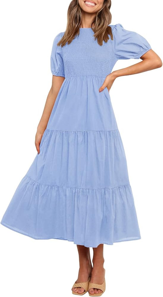 ZESICA Women's 2024 Casual Summer Crew Neck Short Puff Sleeve Smocked High Waist Ruffle Tiered A ... | Amazon (US)