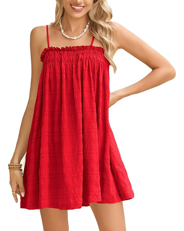 MakeMeChic Women's Casual Sleeveless Summer Cami Dress Ruffle Swing Shirred Mini Short Dress | Amazon (US)