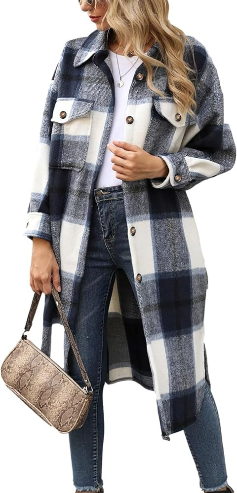Himosyber Women's Casual Plaid Lapel Woolen Button Up Pocketed Long Shacket Coat | Amazon (US)
