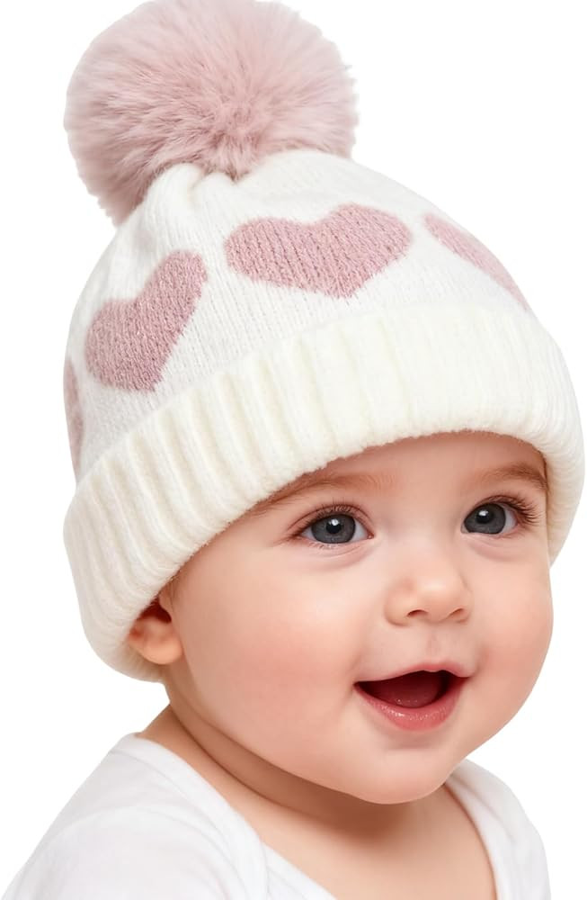ANKOMINA Baby Winter Beanie Hat Cute Heart Pattern Cable Knitted Skull Cap with Pom Pom for Toddl... | Amazon (US)
