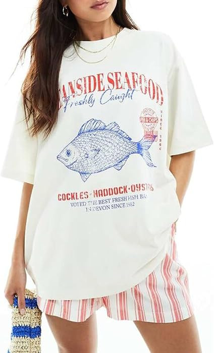 Women Cute Graphic Oversized Tees Fish Sardine Lobster Y2K Baggy T Shirts | Amazon (US)