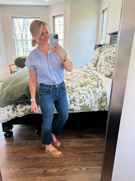 Perfect spring outfit. These jeans fit like a dream with a raw cut hem that I cut to fit my 5’1” height. 
The striped button down top is a relax fit with a gathered neckline. Wearing a small in top and a 26 in jeans. 
Shoes I ordered a size down to a 36. 

#springfashion #fashioninspo #petitefashion #springstyle #fashionover40 #fashioninspo #chicstyle #nancymeyerstyle #preppystyle #classicstyle


#LTKover40 #LTKstyletip