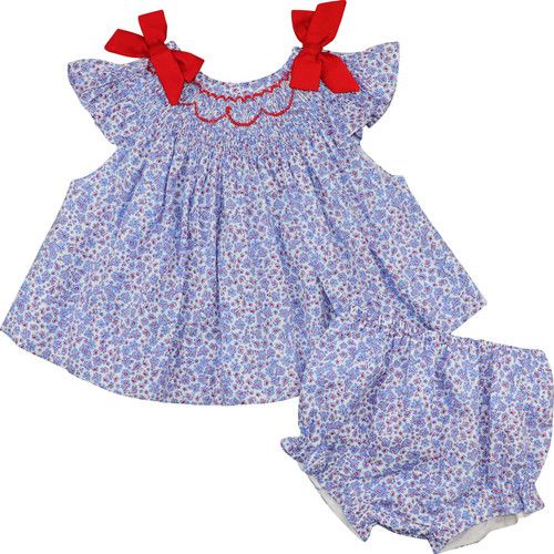 Red And Blue Floral Smocked Bow Diaper Set | Cecil and Lou