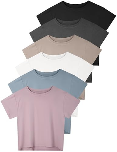 Dalavch 6 Pack Women's Crop Top Short Sleeve Athletic Workout Yoga Running Gym Casual Tees T-Shirts Loose Fit 1 Black 1 White 1 Heather Grey 1 Pink 1 Khaki 1 Blue Large | Amazon (US)