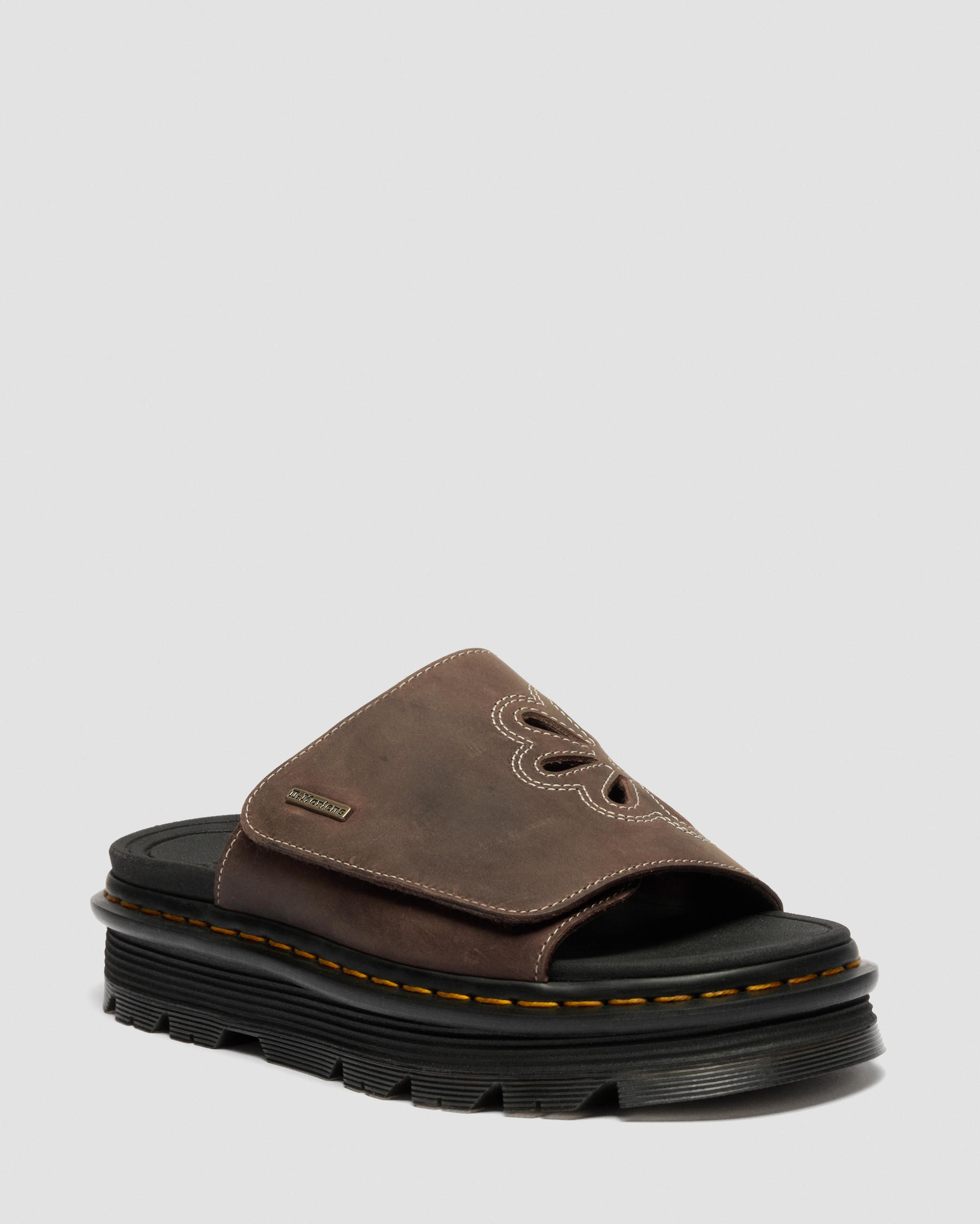 Zebzag Flower Crazy Horse Leather Slides in Dark Brown | Dr. Martens | Dr. Martens