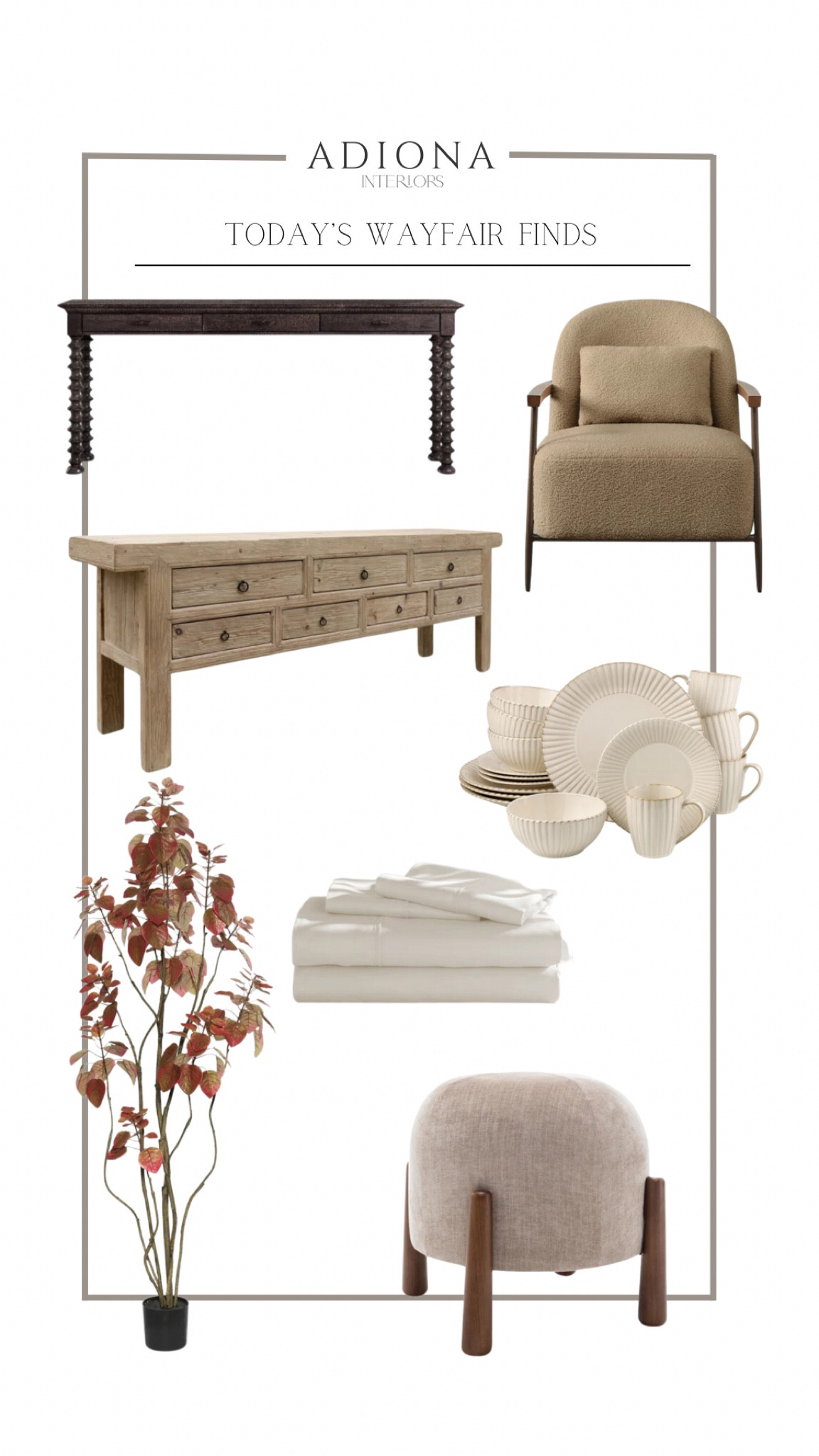 Todays Wayfair finds 

Faux tree, console table, entry way table, foyer table, accent chair, bed sheets, dinnerware, dinner set, ottoman 

#LTKHome #LTKSaleAlert #LTKSeasonal