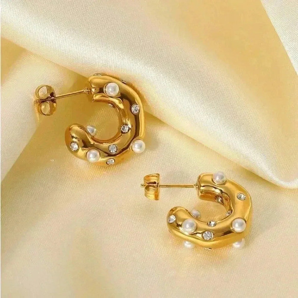 Cubic Zirconia & Faux Pearl Decor Cuff Hoop Earrings | Poshmark