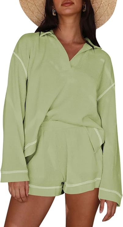 VamJump Women's Waffle 2 Piece Outfits Lounge Sets Casual V Neck Long Sleeve Top and Shorts Sweat... | Amazon (US)