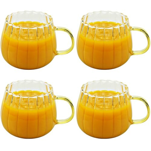 LUATSDAR Halloween Pumpkin Mugs 12 oz Glass Coffee Mugs Set of 4, Drinking Glasses with Yellow Handle, Clear Glass Cups for Hot or Cold Drinks like Cappuccino, Latte, Cocoa, Milk, Tea | Amazon (US)