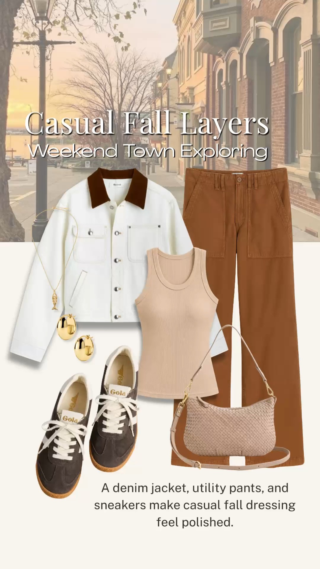 A great formula for a casual fall day: a crisp denim jacket layered over a simple knit tank with relaxed utility pants and comfortable sneakers. I love the mix of ivory, camel, and chocolate—it feels effortless for exploring town but still pulled together.

💡 LTK MADE EASY
❤️ Heart = Support my posts!
🔖 Save = Get sale & restock alerts
📋 Lists = Keep favorites organized
📲 Share = Send lists and products to a friend. Hello, Christmas List!
💬 Comment = Ask me anything about what I’m wearing.:-)

#LTKootd #LTKOver40 #LTKgrwm