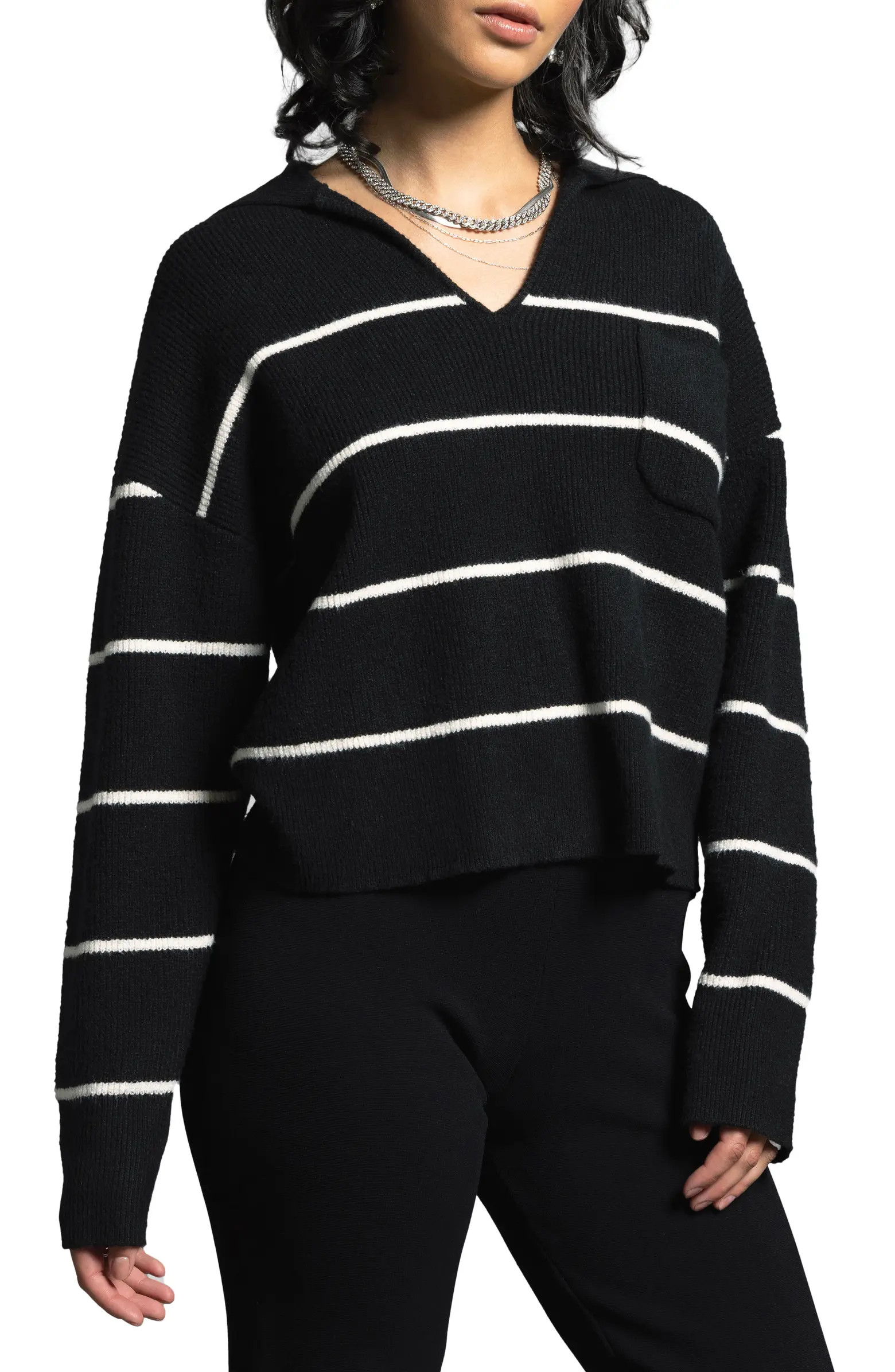 WEEKEND LOS ANGELES Cressida Stripe Johnny Collar Sweater | Nordstrom | Nordstrom