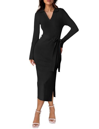 ZESICA Women's Spring Long Sleeve Sweater Dress Lapel V Neck Ribbed Knit Side Slit Bodycon Midi Dresses with Belt,Black,Medium | Amazon (US)