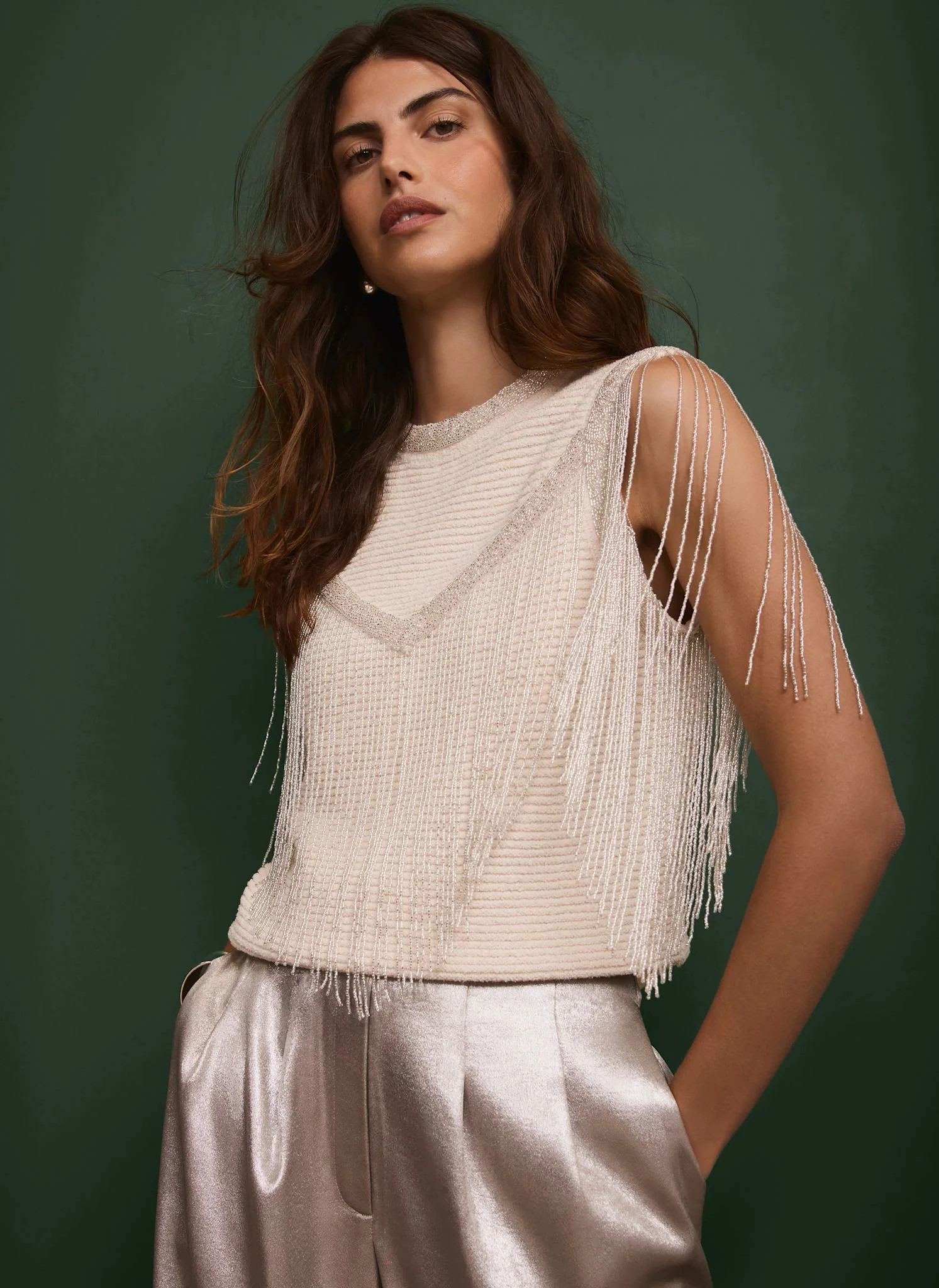 Cream Embellished Fringe Detail Top | Mint Velvet
