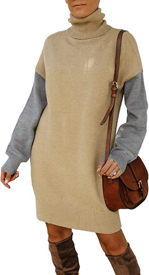 ECOWISH Turtleneck Sweater Dress for Women Knee Length Long Sleeve Knitted Sweaters | Amazon (US)