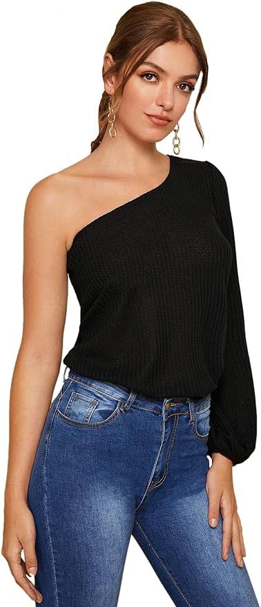 SheIn Women's Casual One Shoulder Bishop Long Sleeve Blouse Solid Shirt Top | Amazon (US)