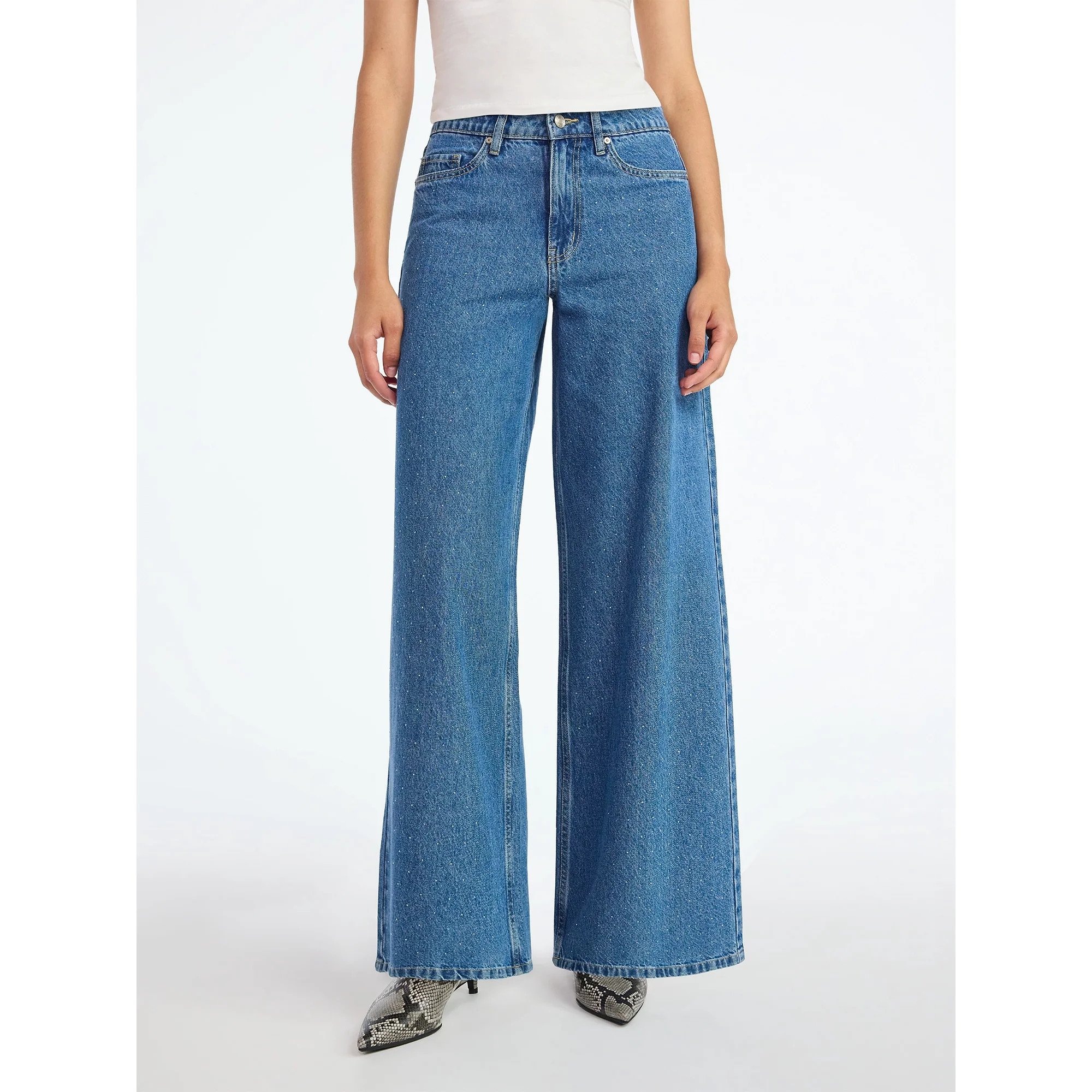 Scoop Women’s and Women’s Plus Rhinestone Embellished Wide Leg Jeans, Sizes 0-26W | Walmart (US)