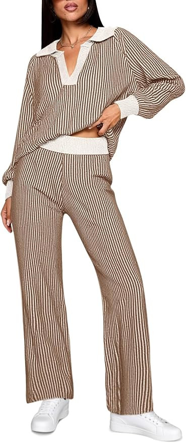 Fisoew Womens 2 Piece Outfits Striped Lounge Sets Knit V Neck Sweaters Casual Wide Leg Pants Loos... | Amazon (US)