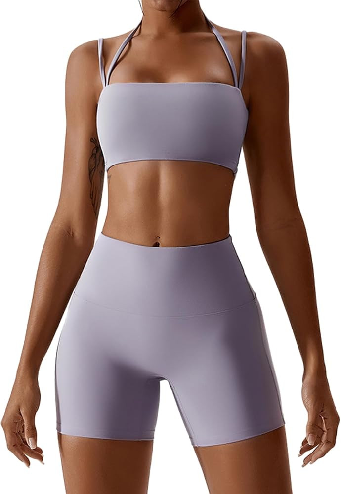 IMEKIS Women's Workout Sets 2 Piece Yoga Outfit High Waisted Biker Shorts Leggings Sports Bra Gym... | Amazon (US)
