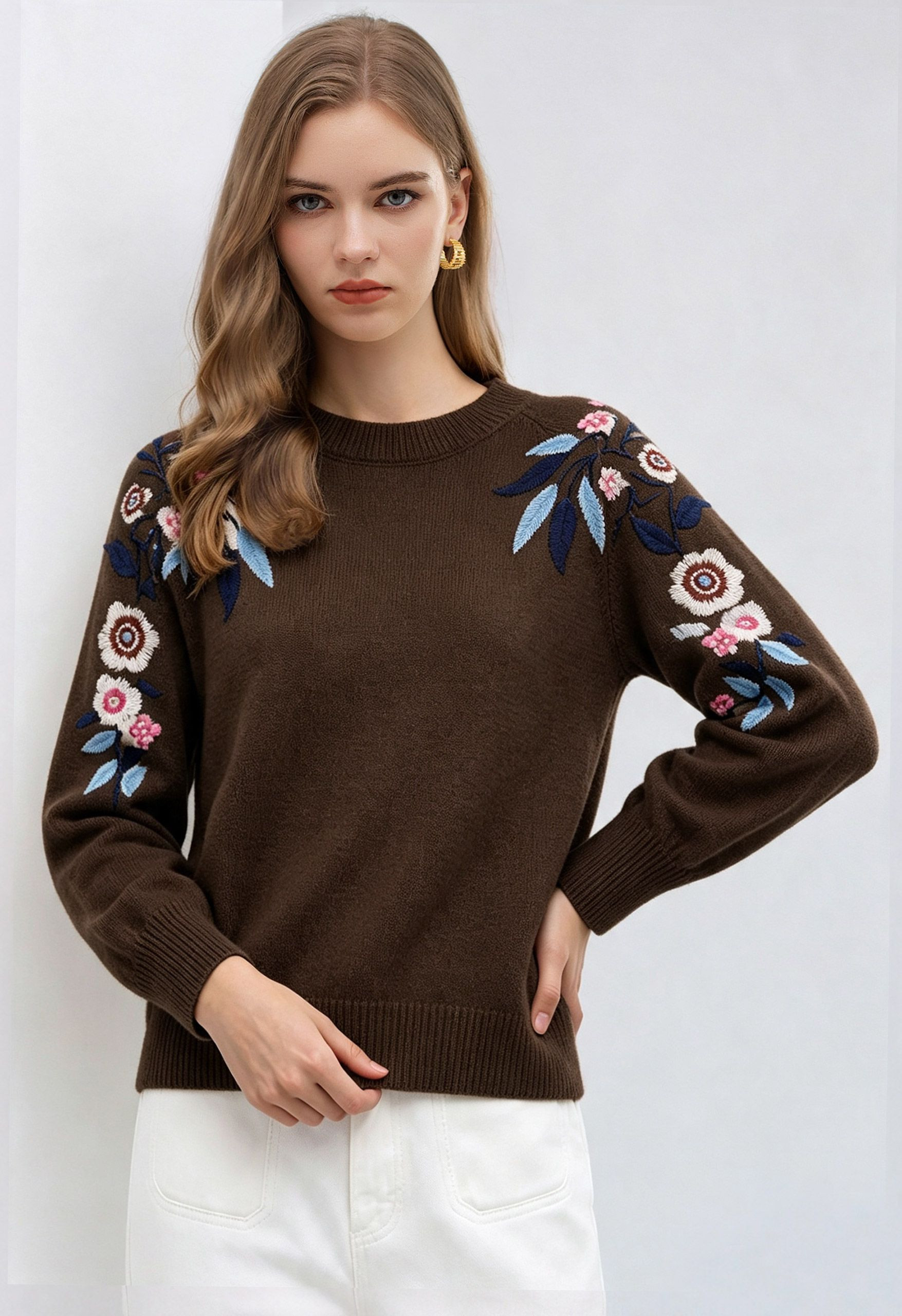 Floral Embroidery Crew Neck Knit Sweater in Brown for Daily Outfit & Weekend Stroll | Chicwish