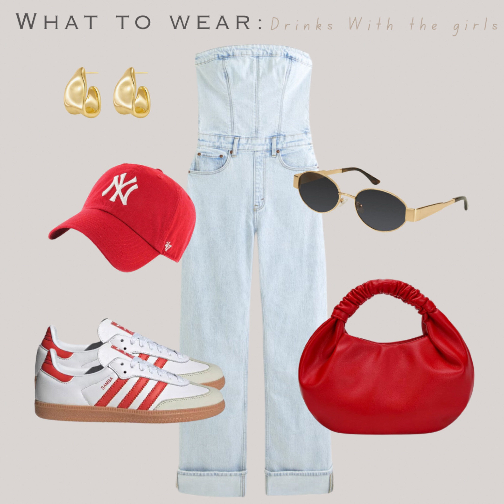 What to wear: Drinks with the girls 



Jean jumpsuit, red NY baseball cap, retro oval sunglasses, gold earrings, red samba, red tote bag 

#abercrombie #amazon 

#LTKSaleAlert #LTKItBag #LTKStyleTip