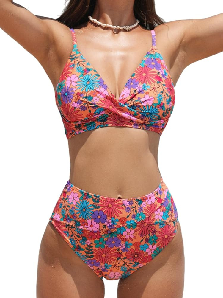 CUPSHE Women's Bikini Sets Two Piece Swimsuit High Waisted V Neck Twist Front Adjustable Spaghett... | Amazon (US)