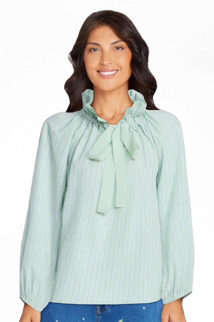 Free Assembly Women's Ruffle Tie Neck Cotton Top with Long Puff Sleeves, Sizes XS-XXL | Walmart (US)