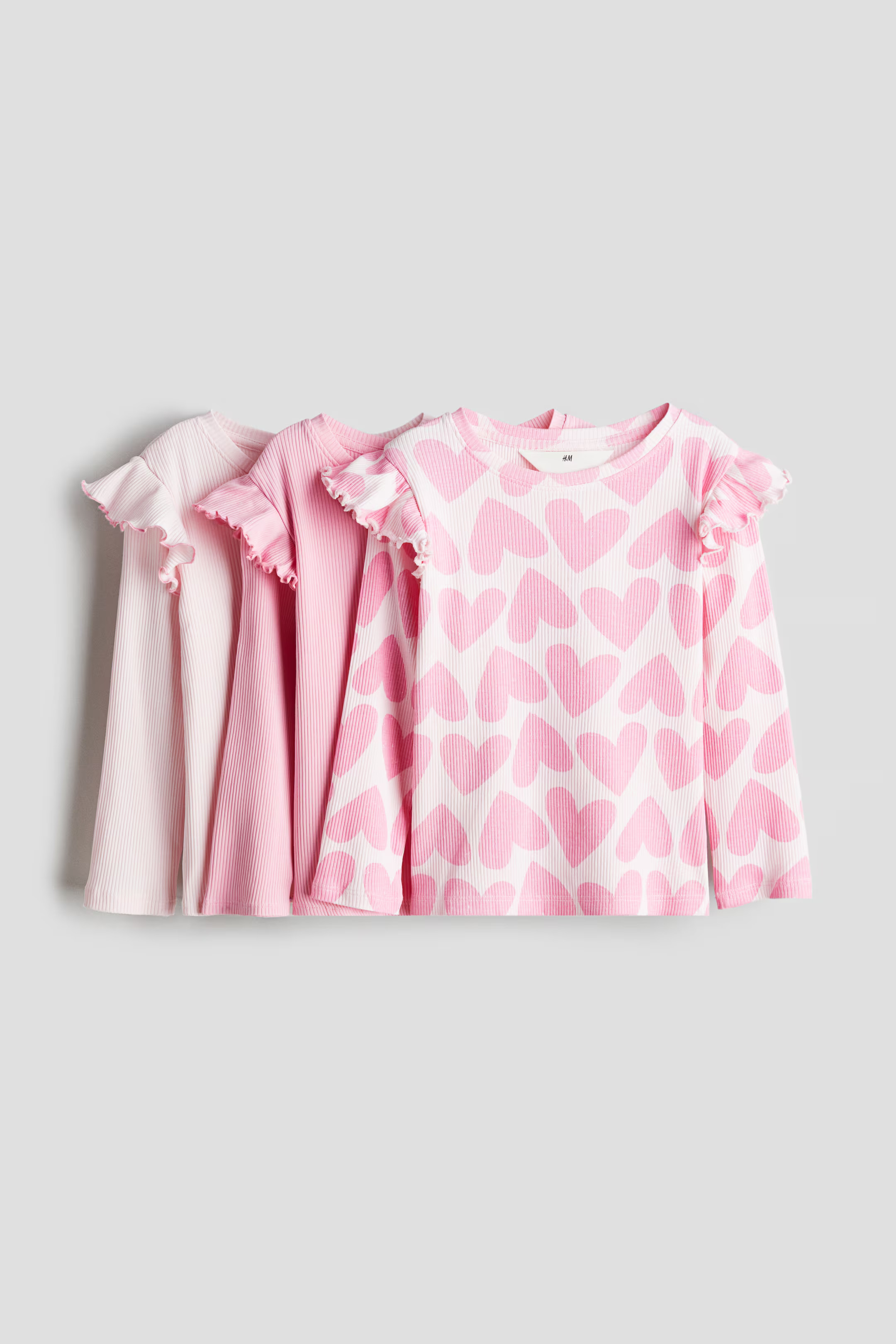 3-pack Ruffle-Trimmed Jersey Tops - Round Neck - Long sleeve - Pink/Hearts - Kids | H&M US | H&M (US + CA)