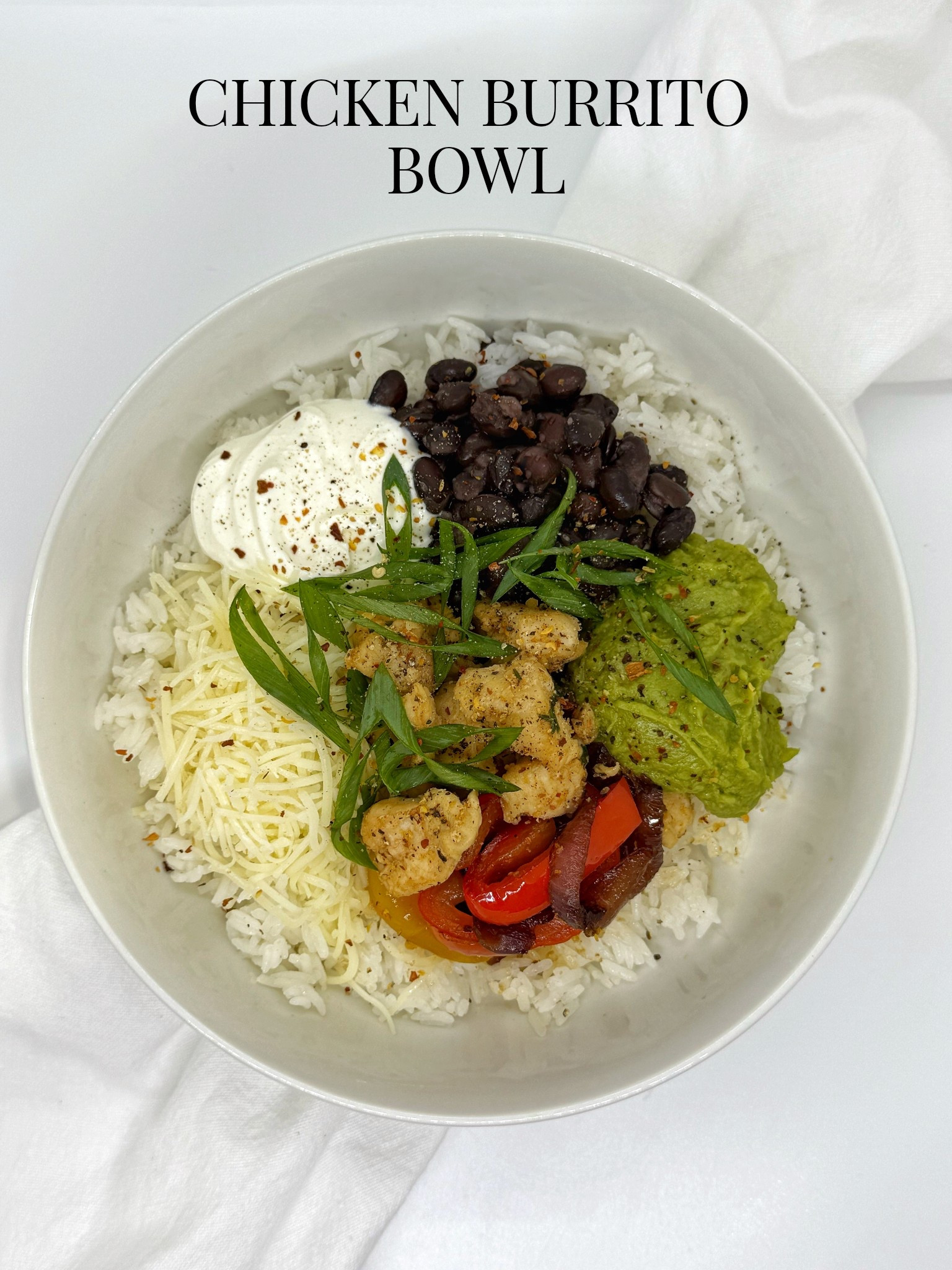 Chicken Burrito Bowl. Great for meal prepping or a quick meal. In a bowl add basmati rice, chicken, sour cream, black beans, guacamole, peppers/onions, monterey jack cheese & green onions 🍚

Dinner ideas, lunch ideas, meal prepping, white bowls, kitchen faves, pots and pans, nonstick pans, nontoxic pans 

#LTKHome #LTKFamily #LTKFindsUnder100