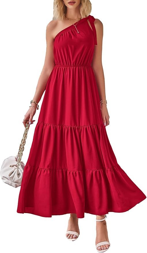 PRETTYGARDEN Women's Floral Summer Dress 2023 Knot One Shoulder Sleeveless Ruffle Hem Flowy Boho ... | Amazon (US)