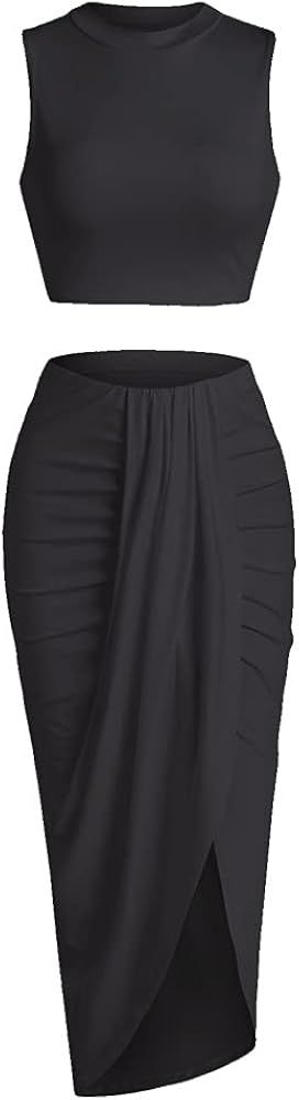 ZAFUL Women’s 2 Pieces Dress Set Sexy Sleeveless Crop Tank Side Slit Twist Skirt Bodycon Maxi Dresse | Amazon (US)