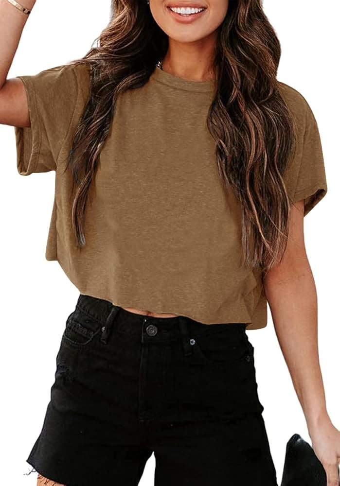 Tankaneo Women Short Sleeve Cropped T-Shirts Crew Neck Loose Crop Tops Summer Casual Drop Shoulde... | Amazon (US)