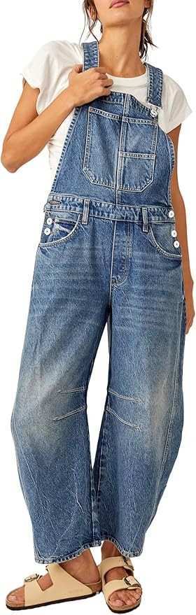 PLNOTME Womens Denim Bib Overalls Barrel Leg Adjustable Strap Jean Pants Jumpsuits with Pockets | Amazon (US)