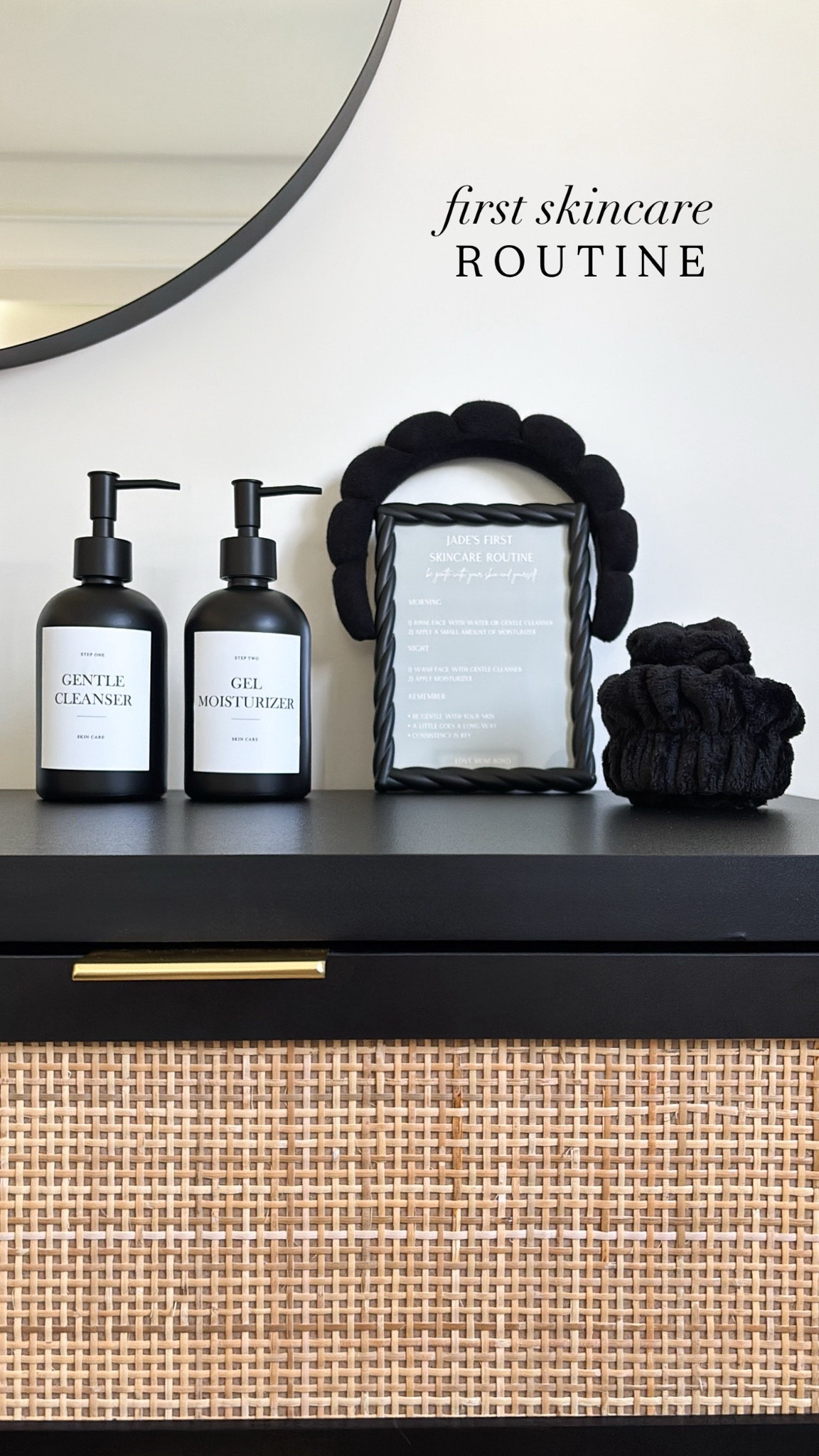 Jade’s first little skincare routine 🖤 I wanted to keep everything really simple and age-appropriate for her, while still making it feel special and fun to use. Her skincare is from Amazon too, including Cetaphil Gentle Cleanser and Aveeno Kids face + body gel cream, both chosen as gentle, lower-tox options for her routine. I created the custom routine print in Canva, added labels to these matte black glass dispensers, and finished it off with the cutest headband + wristband set. Linking everything I used here.

#LTKcanada #LTKbeauty #LTKkids