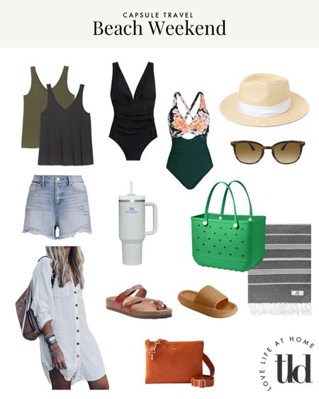 Capsule wardrobe summer beach essentials! These staples were perfect for a weekend beach getaway. Don’t skip the waterproof beach bag and slides! Plus the hat for under $10! And the tanks that I own in 4 colors - so lightweight and versatile for summer  

#LTKSeasonal #LTKswim #LTKtravel