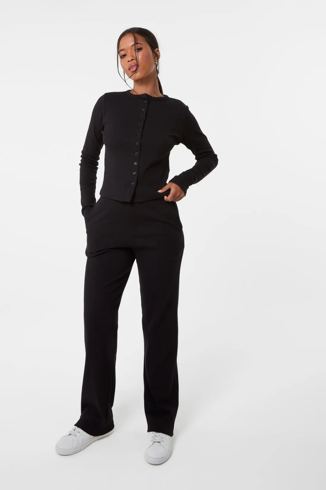 Black Ribbed Button Front Top | Boohoo.com (UK & IE)