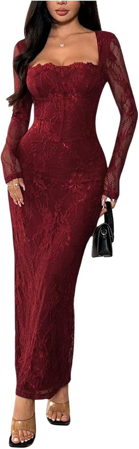 OYOANGLE Women's Formal Floral Lace Fishtail Maxi Dress | Amazon (US)