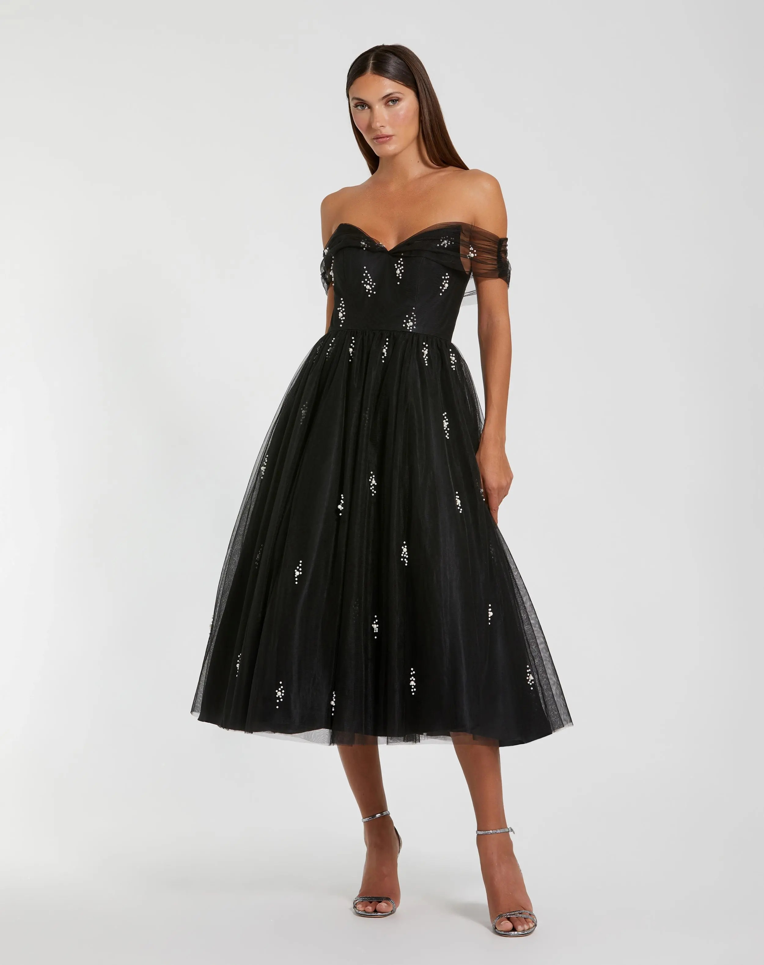 Black Tulle Off The Shoulder Pearl Embellished Cocktail Dress | Mac Duggal | Mac Duggal