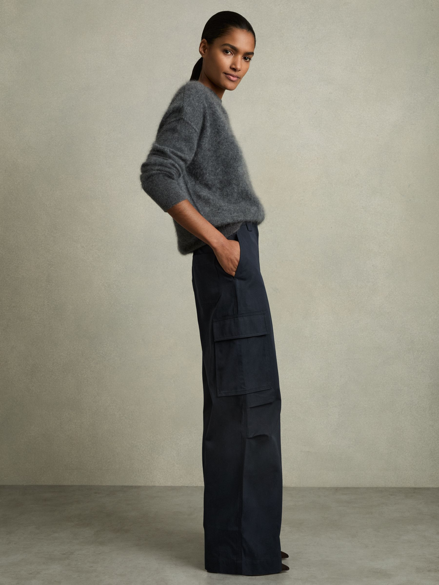 Reiss Cotton-Tencel Wide-Leg Combat Trousers in Navy - REISS | Reiss UK