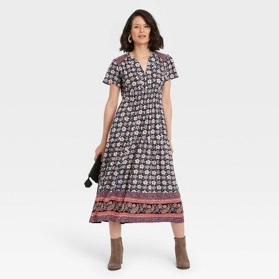 Women's Flutter Short Sleeve Smocked Dress - Knox Rose™ Black Floral | Target