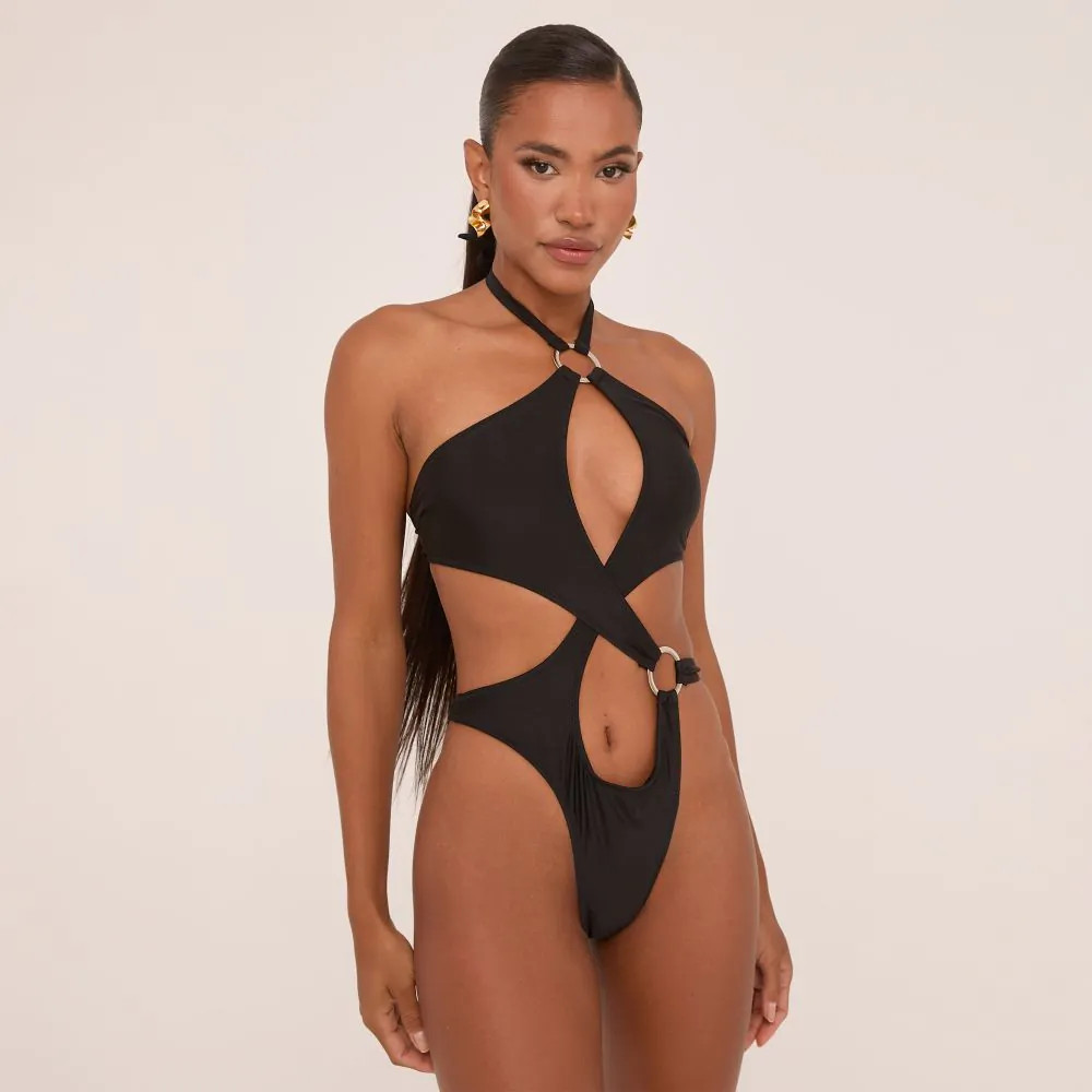 Halterneck Ring Detail Cut Out Swimsuit In Black | EGO (UK)