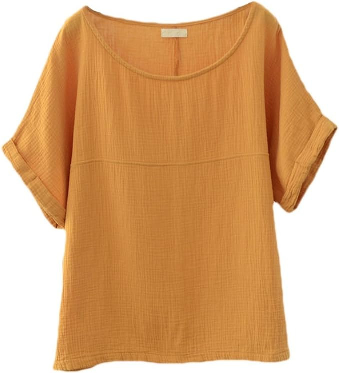 Soojun Women's Cotton Linen Round Collar Boxy Top Patchwork Blouses | Amazon (US)