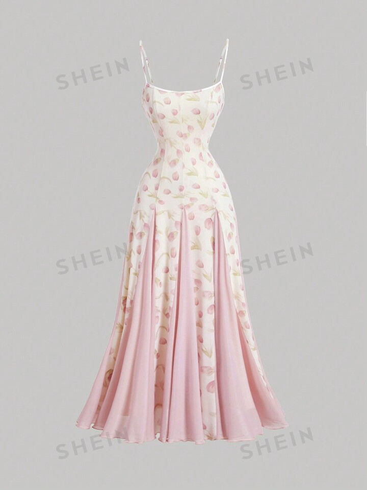 SHEIN MOD Women's Tulip Printed Pink Maxi Sun Dress, Summer  Dress With Big Hem,Dresses Graduati... | SHEIN