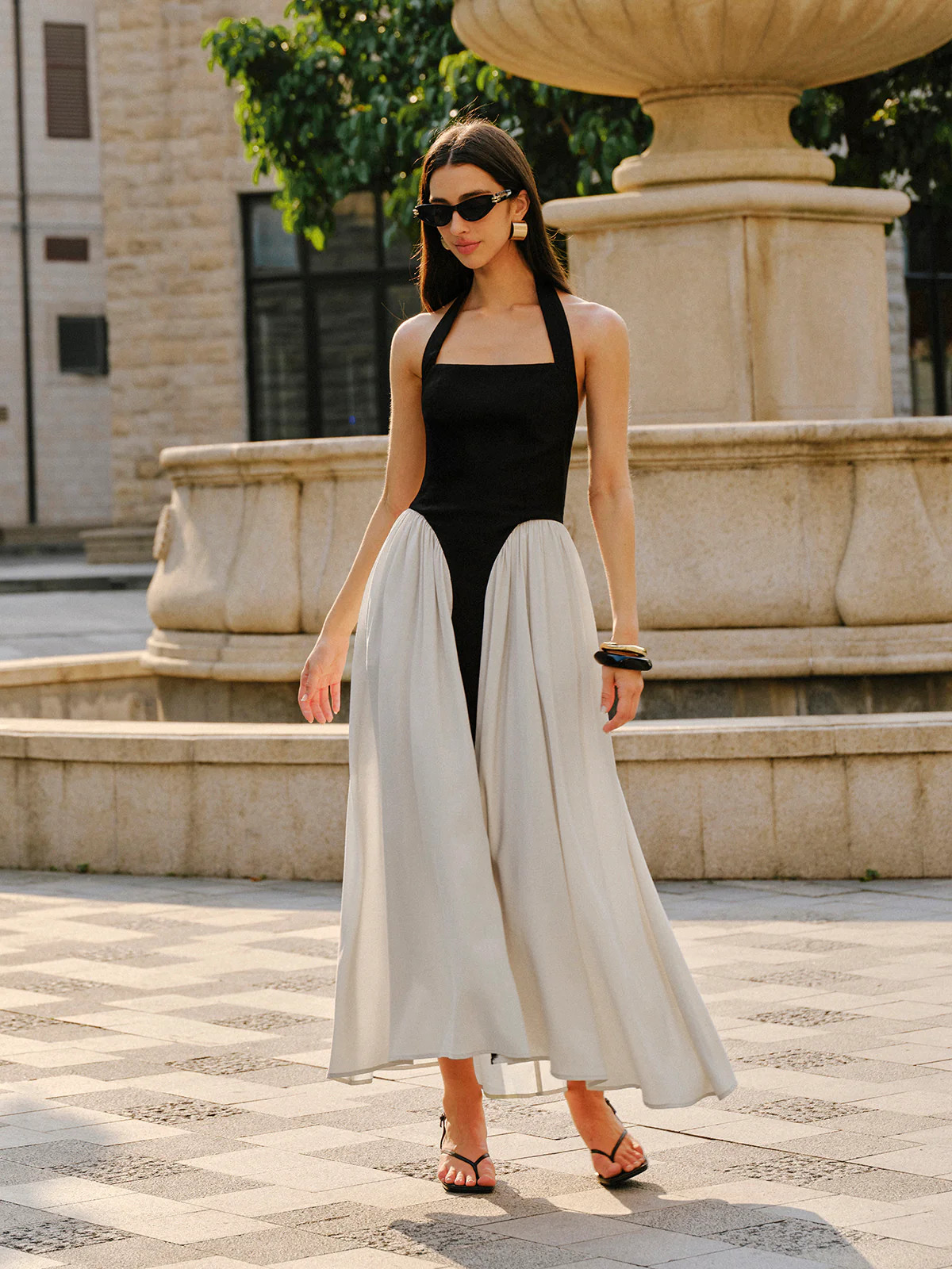 Color Block Halter Neck Linen Blend Dress | Commense