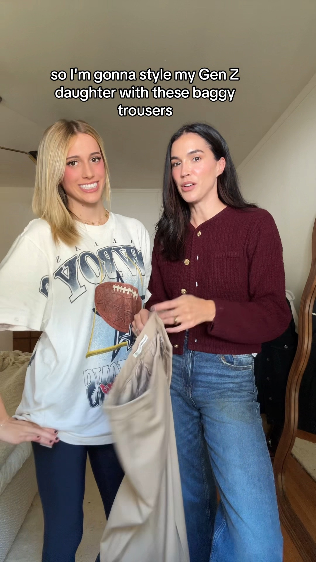 Love this look! She did too- she said she felt more sophisticated 🥹 she’s 5’10 wearing a size 25 Long (25 is her regular size) in the trousers, L in the shirt, M in the trench and L in the brown denim jacket. For my outfit I’m wearing a size 4 in the jeans (they fit true to size) and a M in the sweater. 

#LTKFindsUnder100 #LTKVideo #LTKFamily