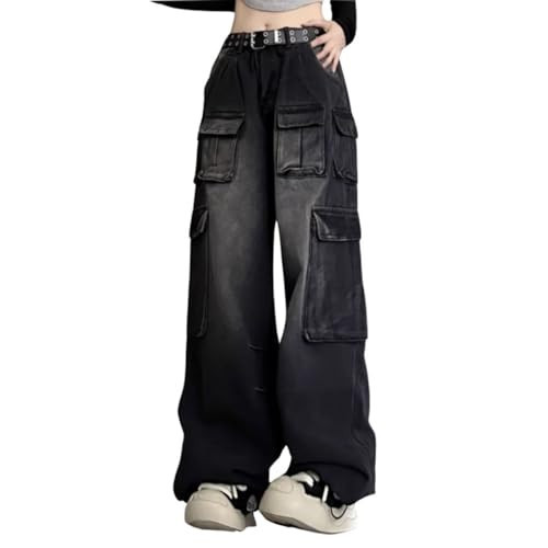Hugboom Baggy Cargo Pants for Women Girls Retro Low Rise Wide Leg Jeans Y2k Hip Hop Streetwear Grunge Clothes Black(XS) | Amazon (US)