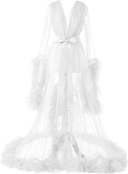 FangJian Women's Long Bridal Robes Tulle Lingerie Maternity Bathrobe Photoshoot Illusion Wedding ... | Amazon (US)