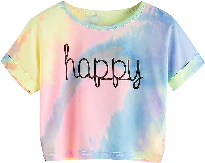 SweatyRocks Women's Tie Dye Letter Print Crop Top T Shirt | Amazon (US)