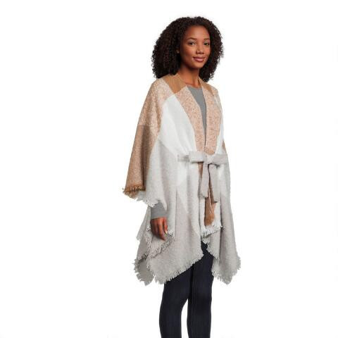 Tan, Gray And White Windowpane Turtleneck Boucle Poncho | World Market