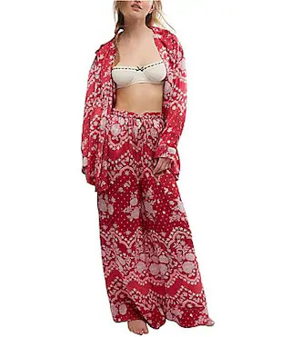Free People Dreamy Days Bandana Print Satin Notch Collar Long Sleeve Wide Leg Oversized Pajama Set - S | Dillard's